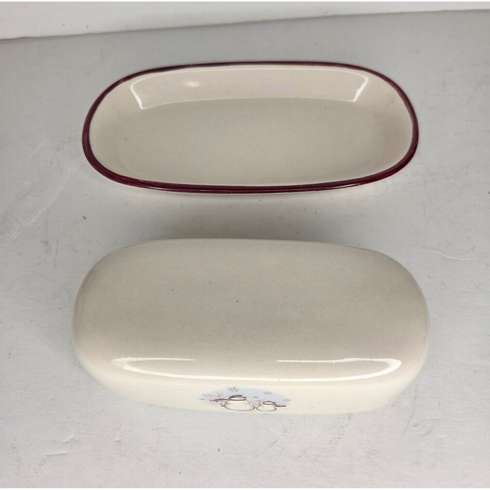 Snowman Family Ceramic Butter Dish with Lid Red Trim Winter Holiday Decor - Picture 8 of 11
